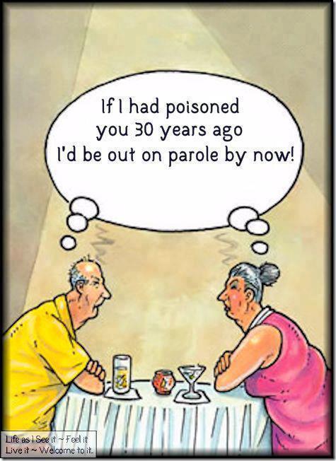 Humorous Cartoon of Elderly Couple Sharing Witty Dinner Banter