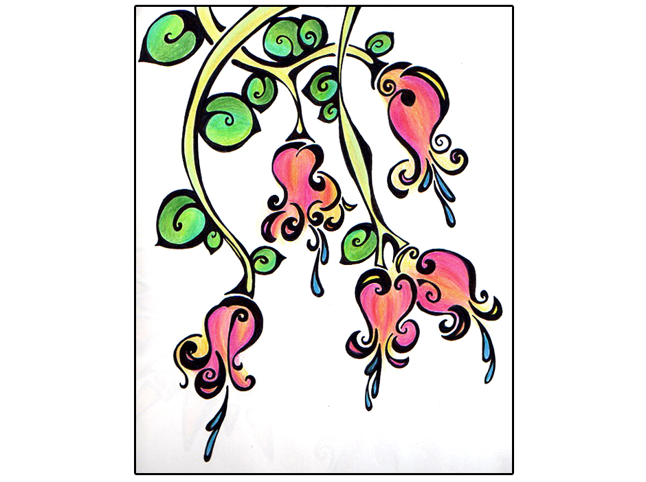 Vibrant hand-drawn floral vine with swirling pink, orange, and green blossoms and leaves on white background.