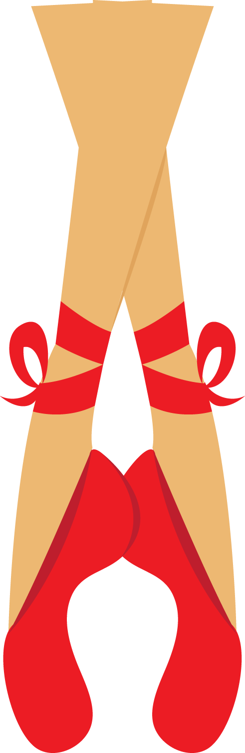 Stylized illustration of crossed ballet pointe shoes with red ribbons and satin finish.
