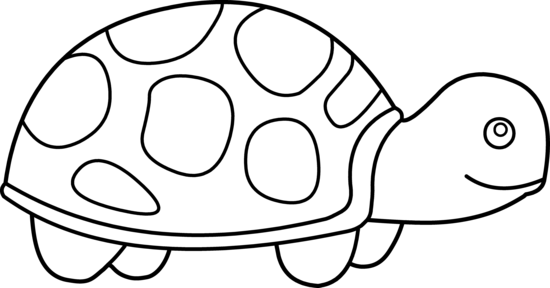 Black-and-white line drawing of a smiling cartoon turtle with patterned shell, ideal for coloring pages or educational materials.