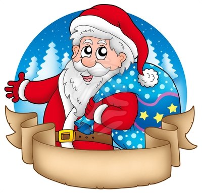 Jolly Santa Claus waving with a gift bag against snowy pine trees, framed by a decorative scroll banner.