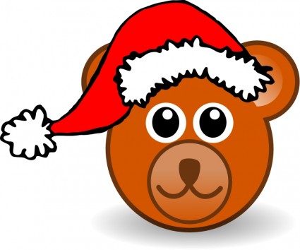 A cheerful cartoon brown bear wearing a red Santa hat with white trim and pom-pom, set against a white background.