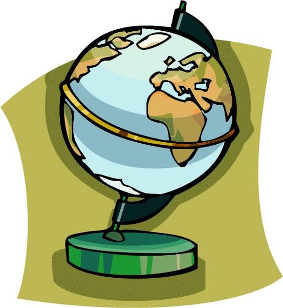 Illustrated desktop globe showing continents, oceans, and meridian ring on a green stand against a parchment-style background.