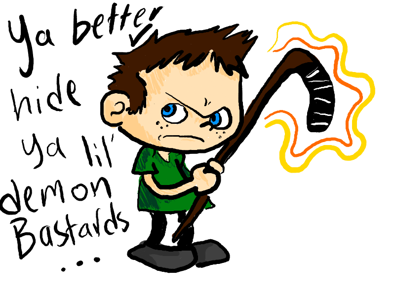 Cartoon Demon Hunter with Flaming Hockey Stick - Fun Fantasy Illustration