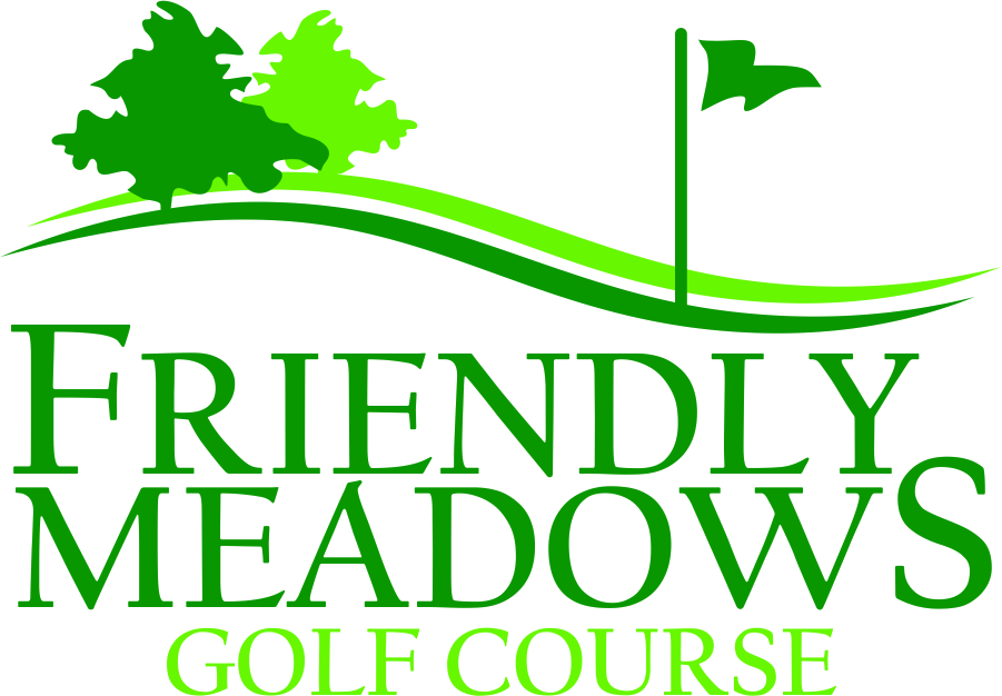 Friendly Meadows Golf Course logo featuring green trees, rolling hills, and a flag on a tee.