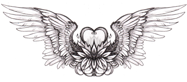 Pencil sketch of symmetrical angel wings flanking a heart-shaped flame above a blooming lotus flower.