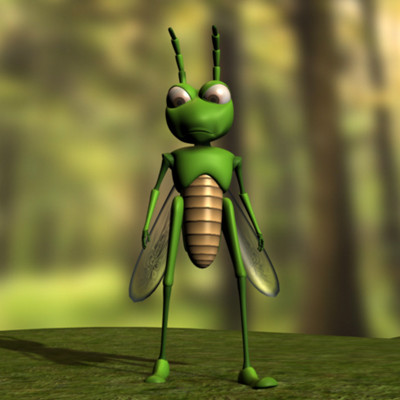 A friendly cartoon green grasshopper standing on grass with large eyes and translucent wings in a forest setting.