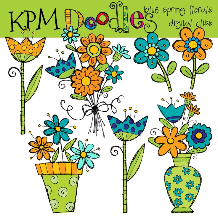 Colorful hand-drawn spring flowers in vases and bouquets, featuring blue, orange, and green floral clip art by KPM Doodles.