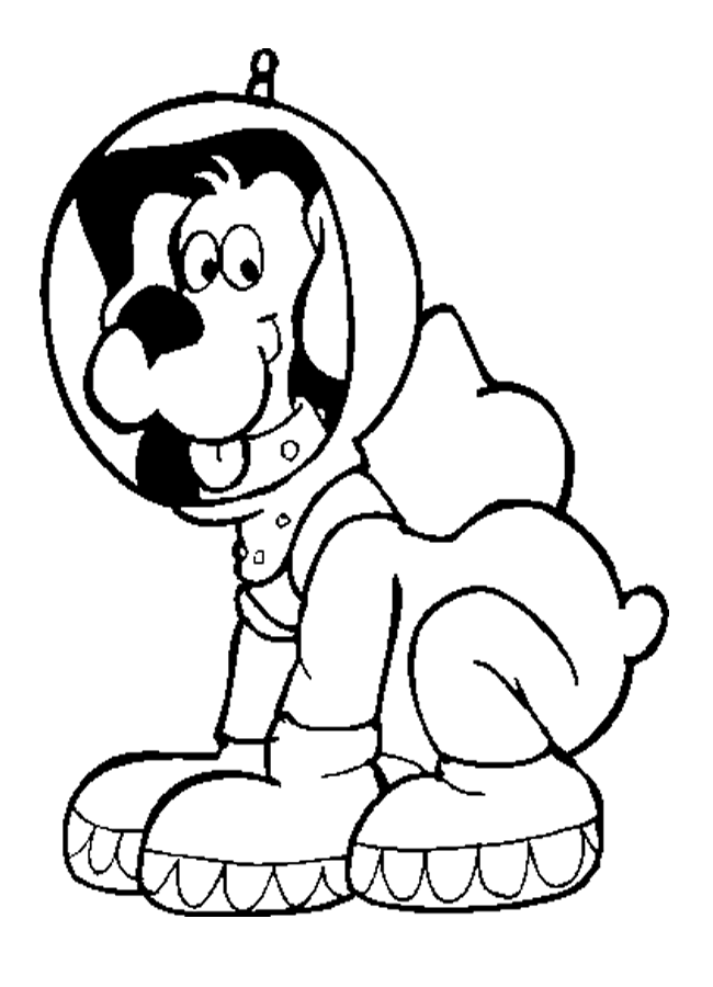 Cartoon dog in a space suit with helmet, smiling and crouching, ready for adventure.