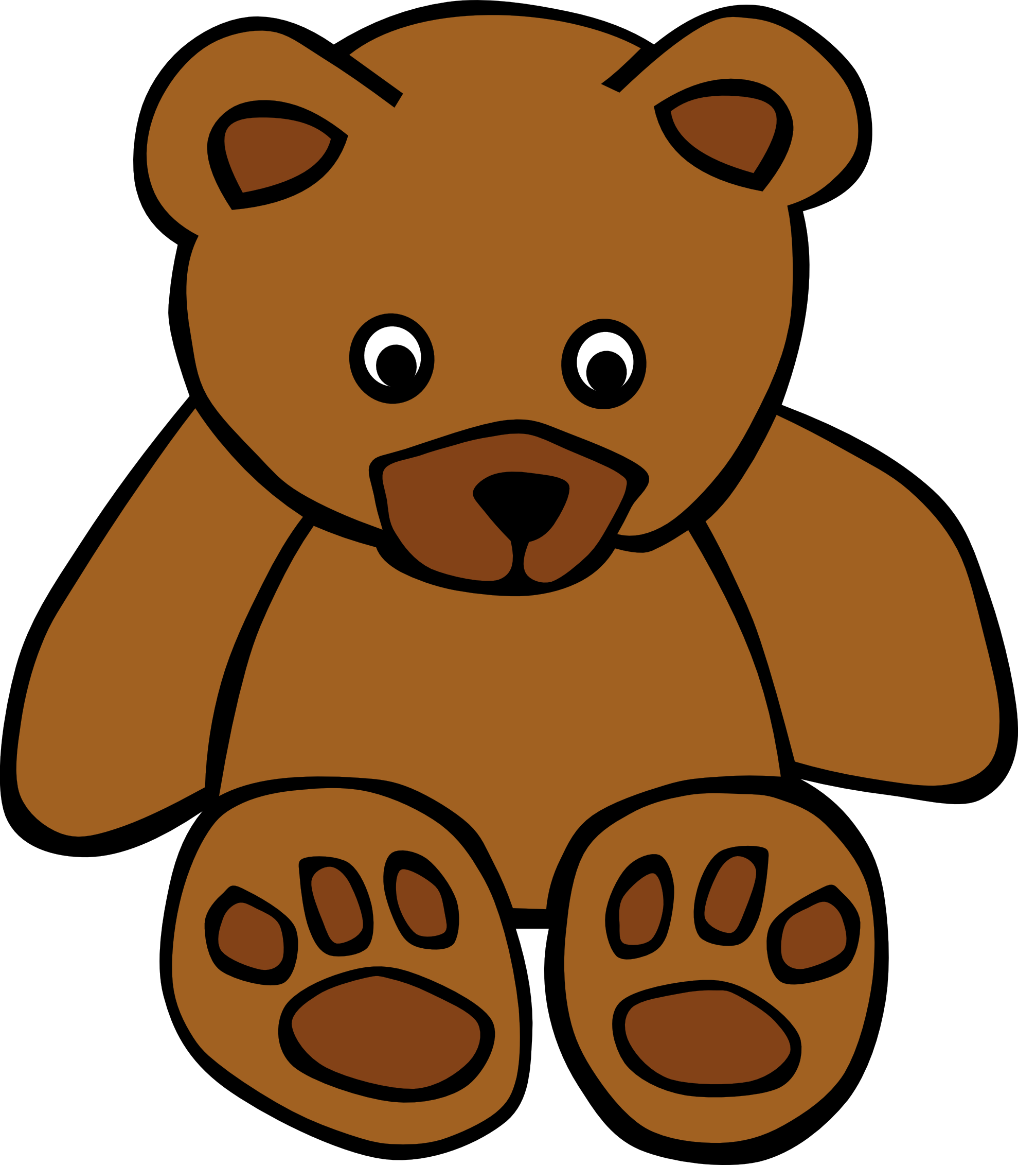 Friendly cartoon brown teddy bear sitting with large paws and expressive eyes.
