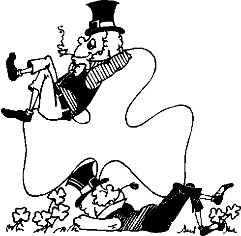 A cartoon leprechaun lounges smoking a pipe while another lies asleep among shamrocks, both in traditional attire with top hats and striped vests.