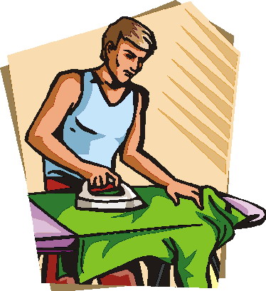 Man in blue tank top ironing a green shirt on an ironing board