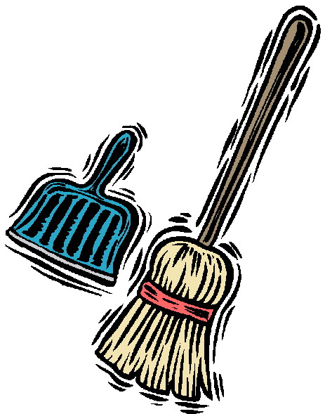 A cartoon-style broom with a wooden handle and straw bristles tied with a red band, paired with a blue plastic dustpan.