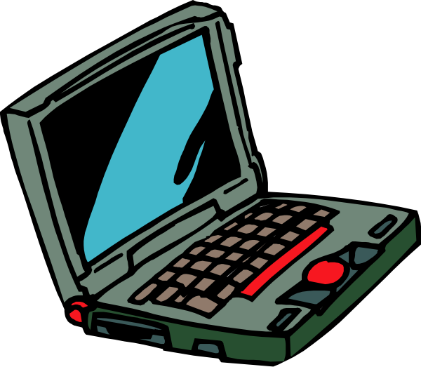 Stylized cartoon laptop with teal screen, brown keyboard, red trackpad and power button, on black background.