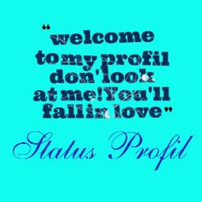 Playful teal graphic with bold text: “welcome to my profil don’t look at me! You’ll fall in love” and “Status Profil” script.
