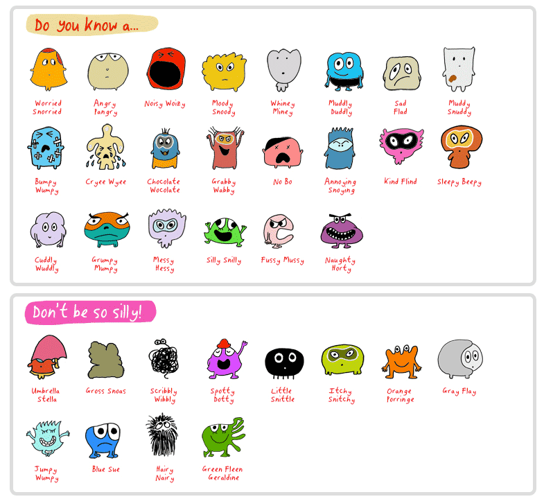A colorful illustrated chart of whimsical cartoon monsters, each labeled with playful emotion-based names like "Worried Snorried" and "Silly Snilly".