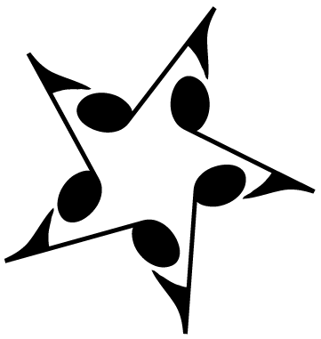 Black musical note star symbol on white background, five-note radial design.