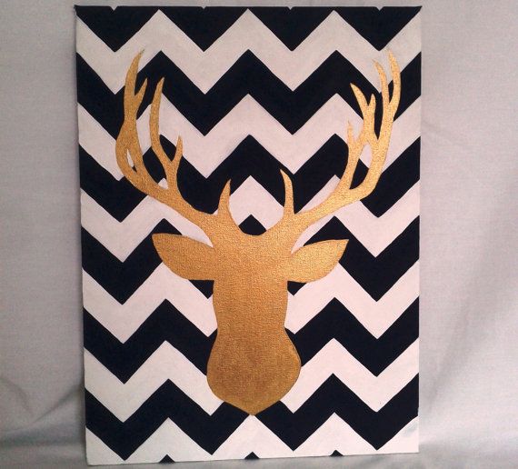 Deer Head Silhouette Canvas Art Painting with Chevron Background 