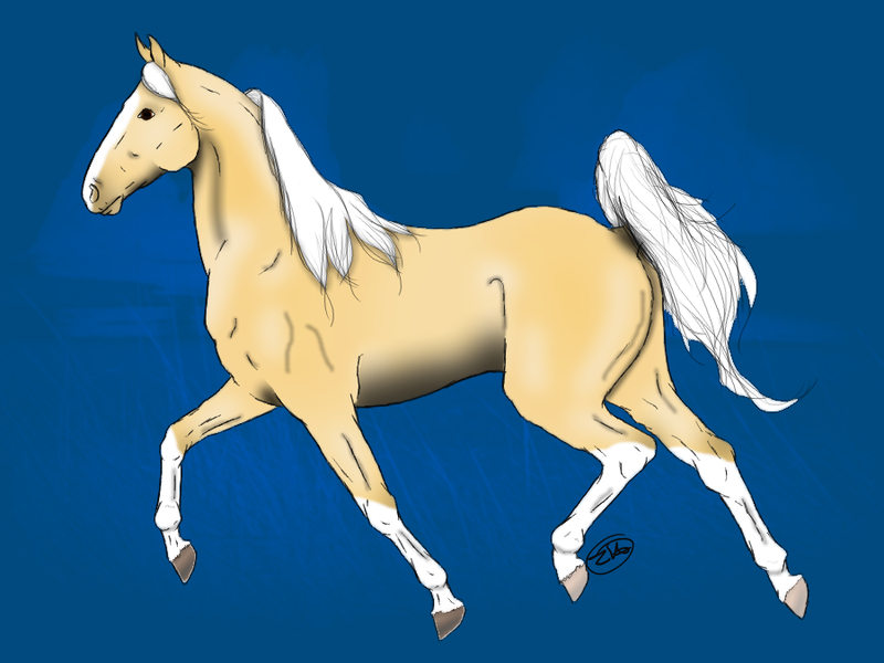 Palomino horse with white mane and tail galloping against deep blue background, digital illustration.
