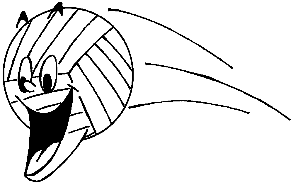 A cartoon volleyball with a smiling face, eyes, and cat-like ears, streaking through the air with motion lines.