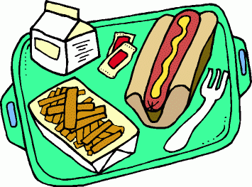 A green cafeteria tray holding a hot dog with mustard, french fries, milk carton, ketchup packet, and fork.