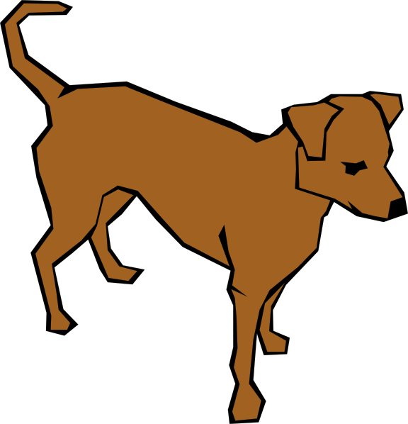 Brown cartoon dog standing in profile with tail raised, simple vector illustration.