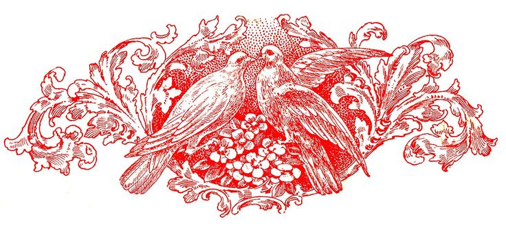 Red vintage illustration of two doves perched on ornate floral scrollwork with berries and sunburst background.