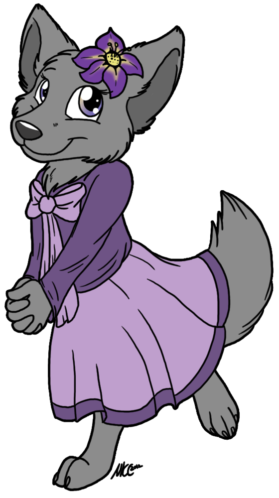 Gray anthropomorphic wolf girl in a purple dress with a flower in her hair, smiling gently.