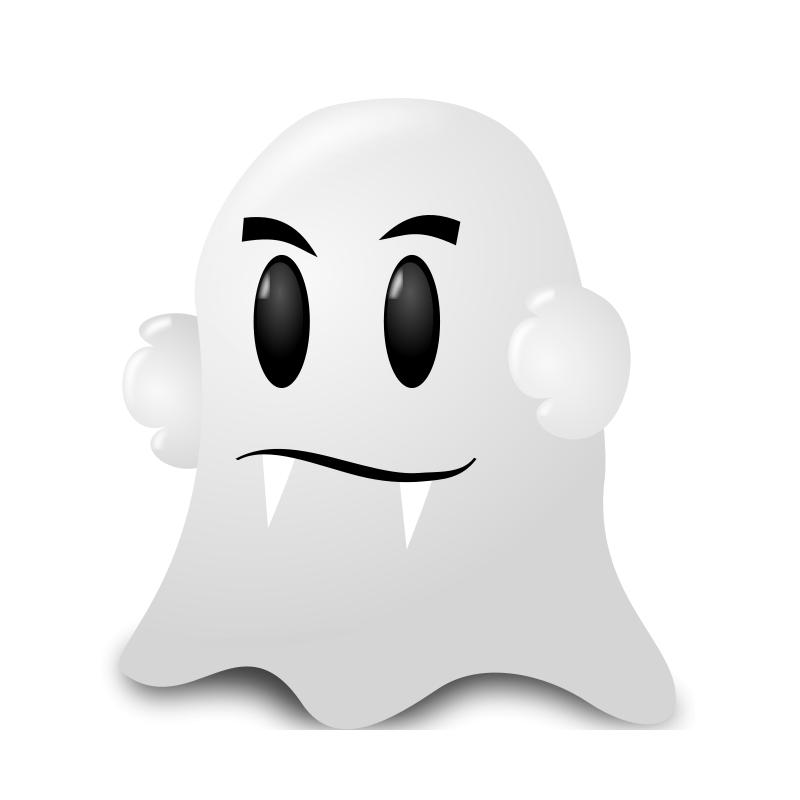Friendly cartoon ghost with big eyes, fangs, and raised hands on black background.