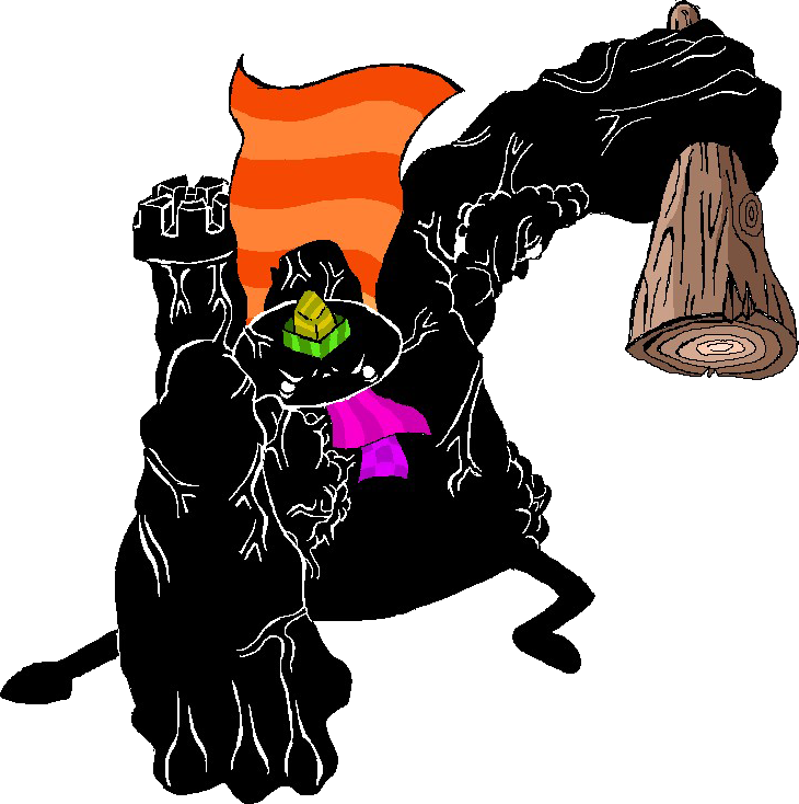 A stylized black creature with white vein-like patterns, wearing a green hat and purple scarf, holding a log and waving an orange striped flag.