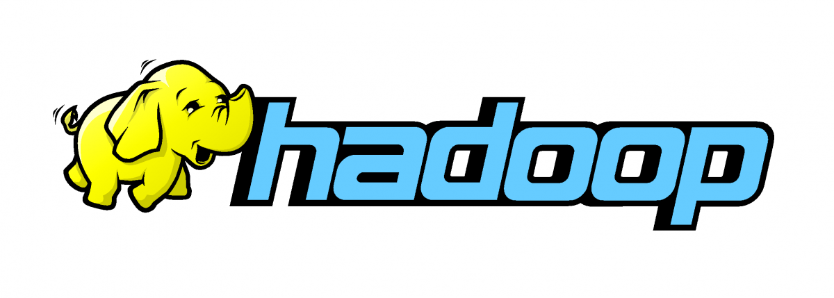 Yellow cartoon elephant next to the word "hadoop" in blue stylized font, representing the Apache Hadoop open-source framework.