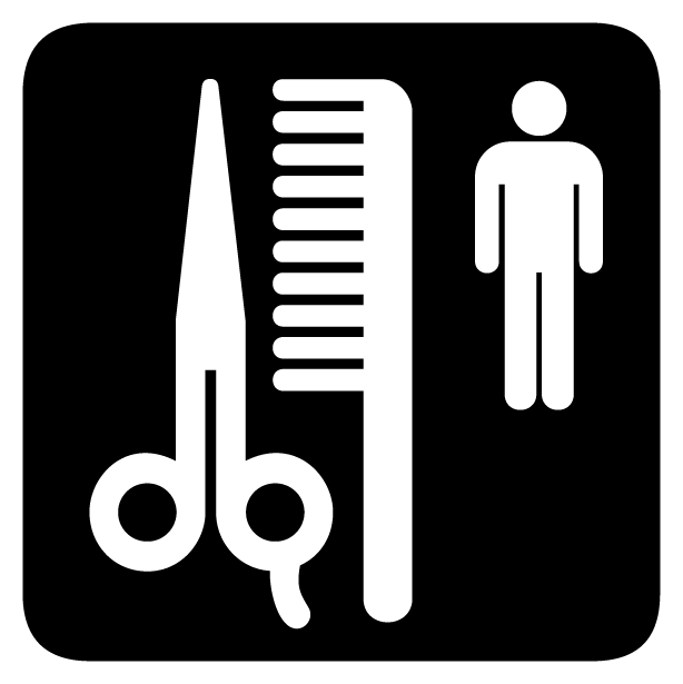 Barber shop icon showing scissors, comb, and person silhouette on black background