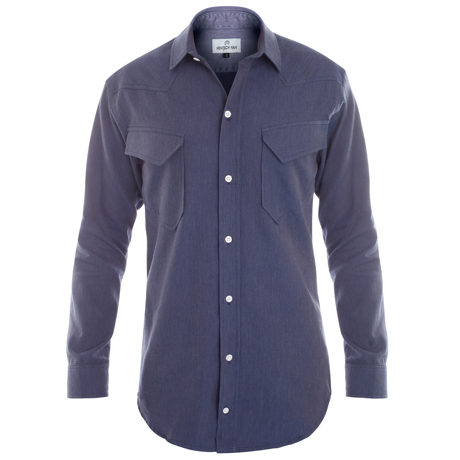 Navy blue Hentsch Man long-sleeve button-up shirt with chest pockets and white buttons, displayed flat on white background.