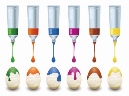 Six colorful paint tubes dripping onto matching Easter eggs in green, orange, blue, pink, brown, and yellow.