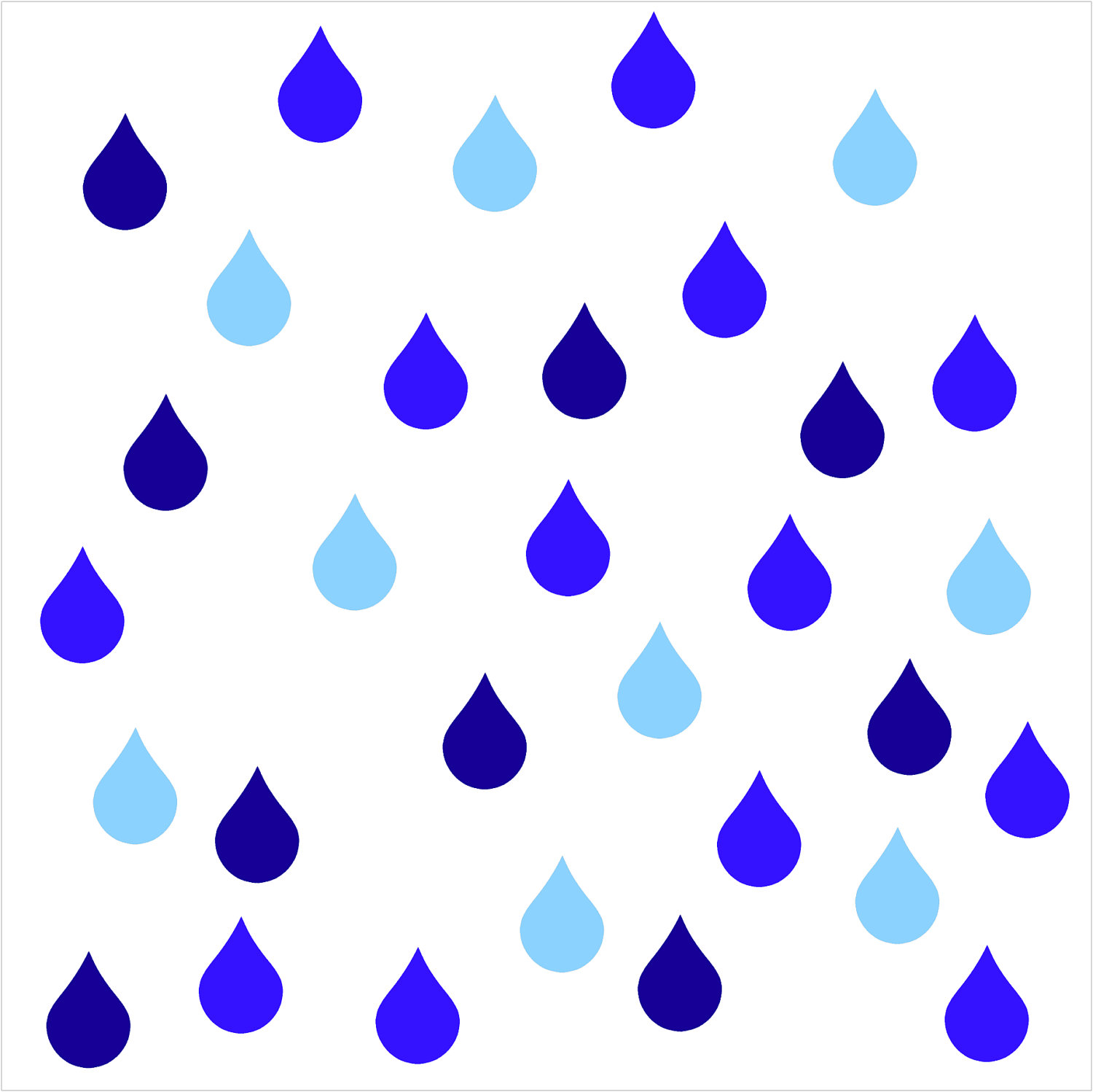 Scattered blue water droplets in varying shades on a white background, symbolizing rain or hydration.