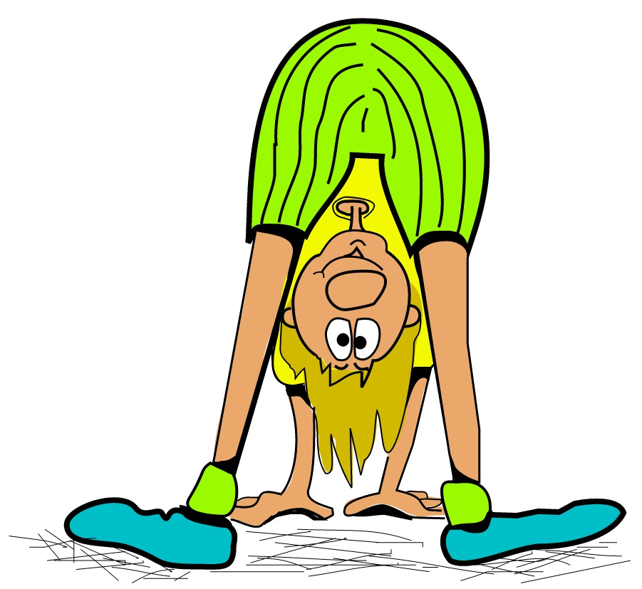 Cartoon character with green hair doing a forward bend stretch, hands on floor, upside-down face with wide eyes.