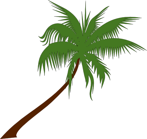 A stylized green palm tree with a curved brown trunk against a white background.