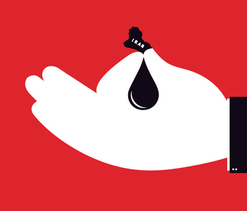 A white hand holds a black oil drop shaped like Iran, symbolizing oil dependency or resource control.