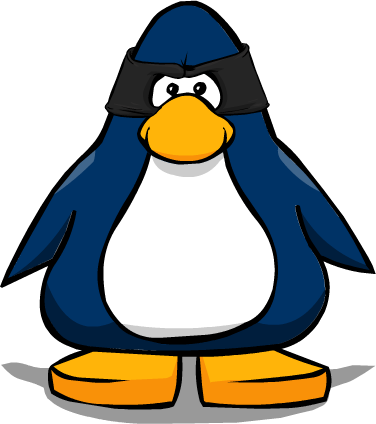 Blue cartoon penguin wearing a black ninja headband and orange shoes, standing confidently.