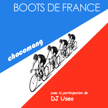 Cyclists racing in a line against a blue, white, and red tricolor background with "Boots de France" and "chocomang" branding.