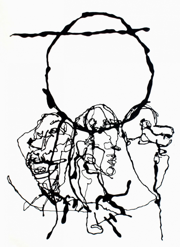 Abstract black ink drawing of three overlapping faces beneath a large circular form, evoking introspection and emotional complexity.