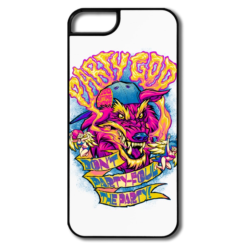 Vibrant phone case featuring a psychedelic pink wolf with fiery text "Party God" and banner reading "Don't Party-Foul the Party!"