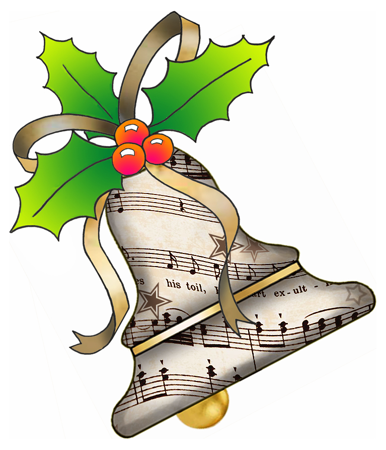 A festive Christmas bell adorned with holly, berries, and sheet music, tied with a gold ribbon.