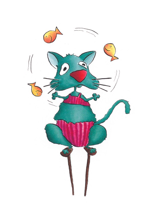 Whimsical Cat Juggler Illustration - Playful Animal Art for Kids & Storybooks