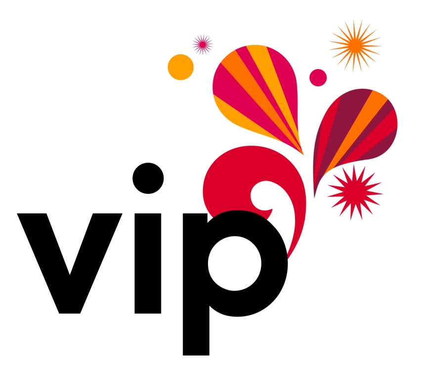 Bold "VIP" text with vibrant red, orange, and pink abstract shapes and starbursts on white background.