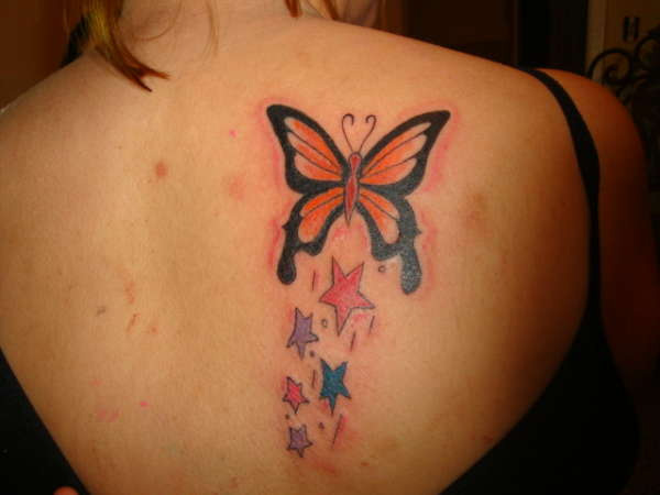 Beautiful Butterfly And Stars Tattoo On Chest