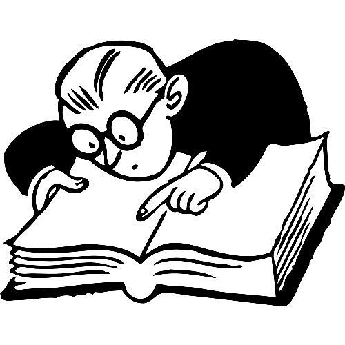 Elderly man with glasses intently reading and pointing at an open book, black-and-white line illustration.