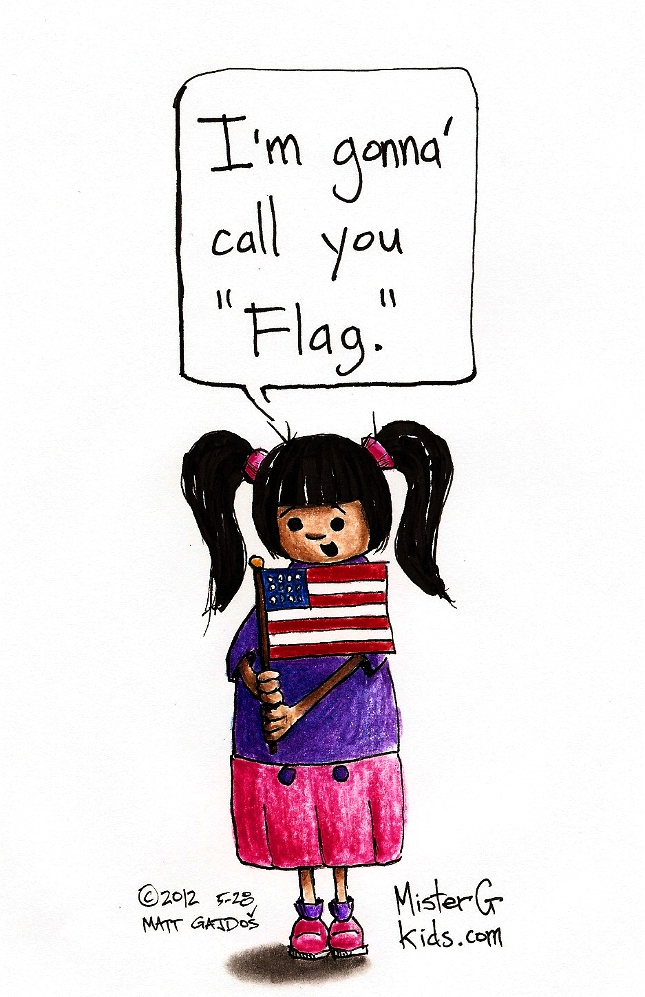 A young girl with pigtails holds a small U.S. flag and says, "I'm gonna call you 'Flag.'"
