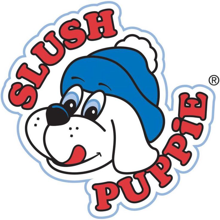 Slush Puppie logo featuring a cartoon puppy in a blue beanie with red bold text.