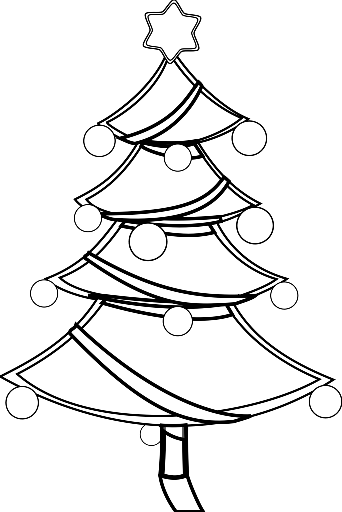 Black-and-white line drawing of a decorated Christmas tree with star topper and ornaments, ideal for coloring.